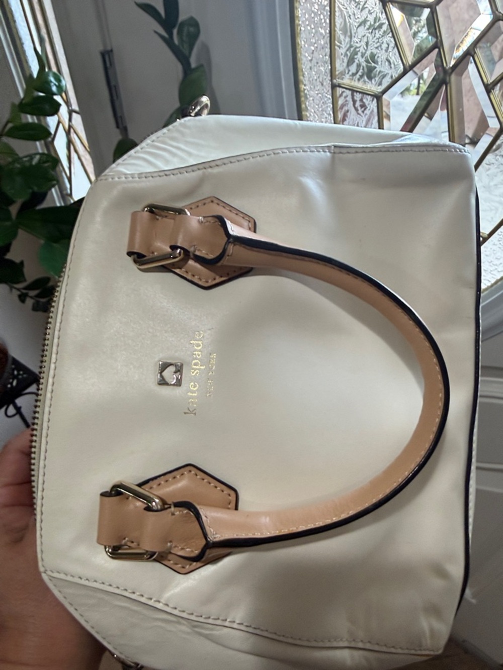 kate spade Cream Leather Satchel with Tan Handles and Gold Hardware